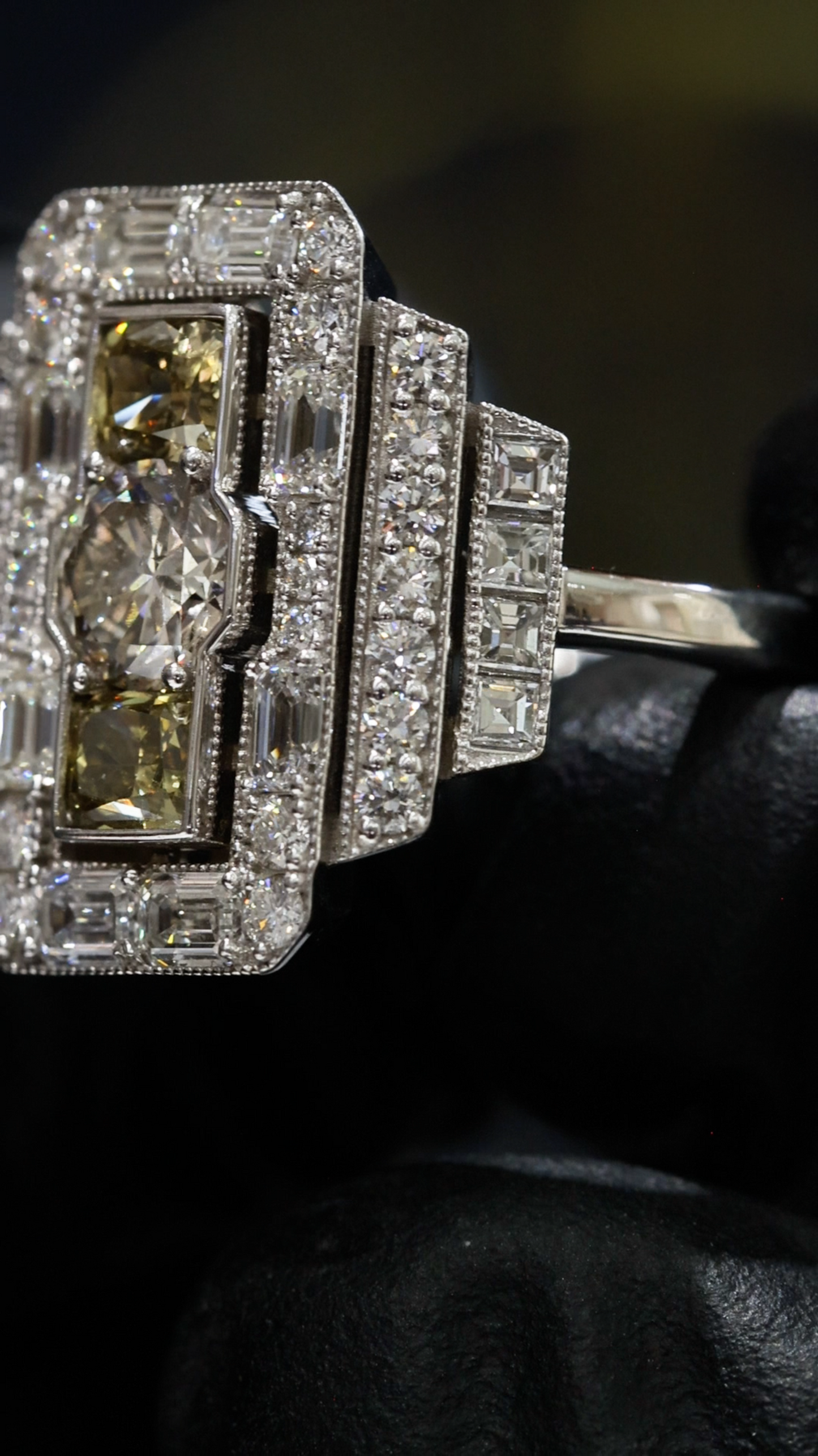 GIA Certified Natural Diamond Fancy Halo Engagement Ring in White Gold | Architectural Multi-Halo Design