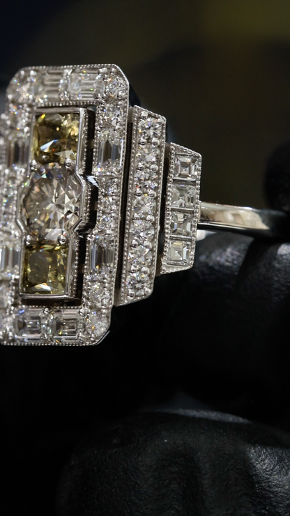 GIA Certified Natural Diamond Fancy Halo Engagement Ring in White Gold | Architectural Multi-Halo Design