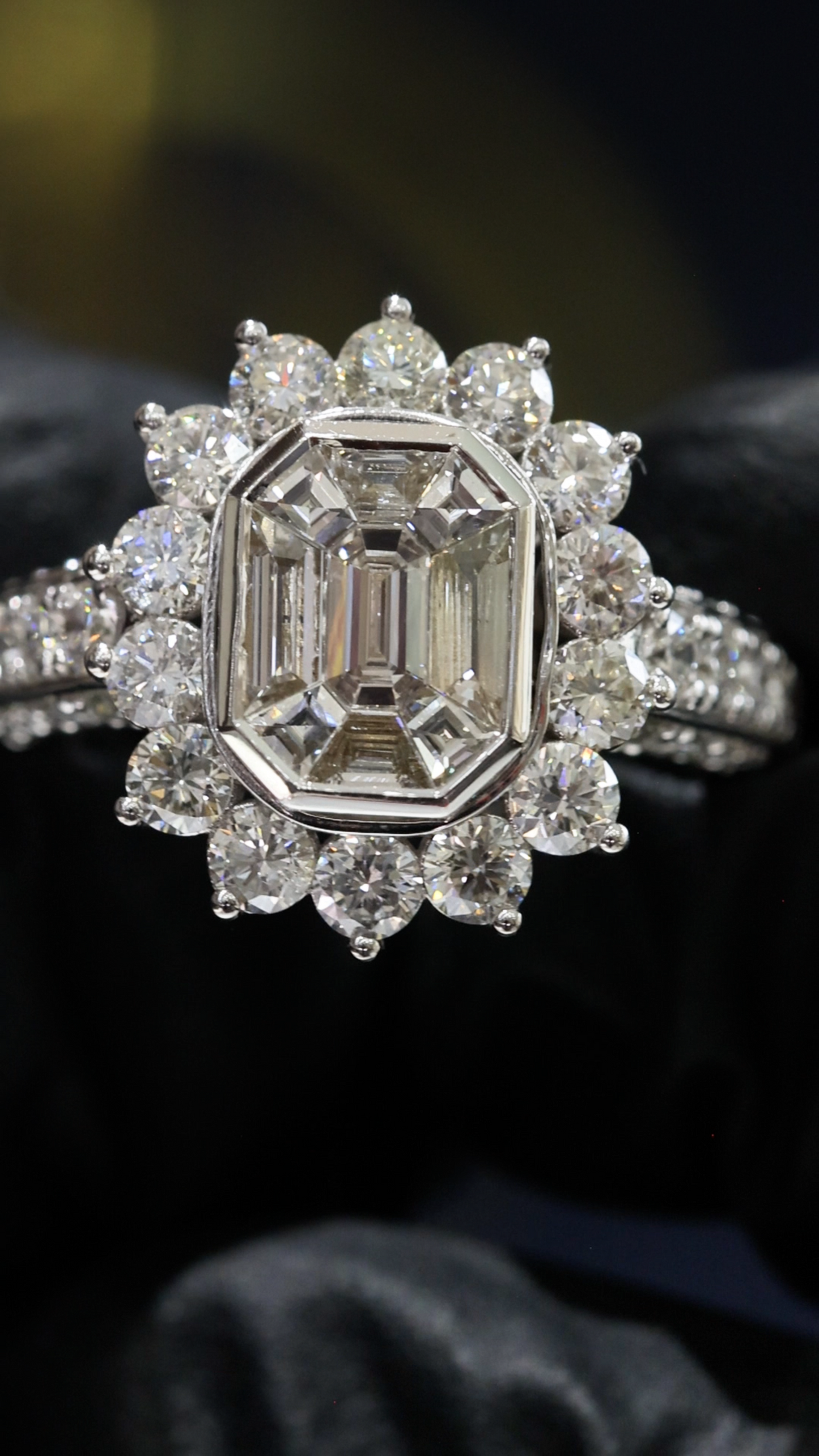 GIA Certified Natural Emerald Cut Diamond Halo Engagement Ring in White Gold | Classic Pavé Halo Design