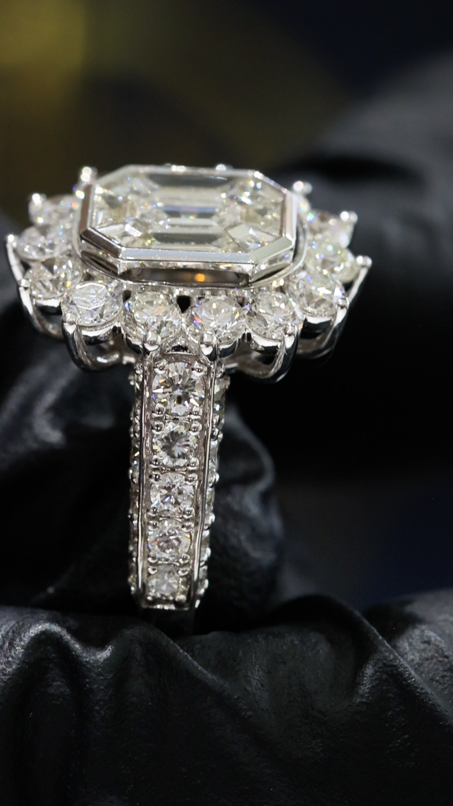 GIA Certified Natural Emerald Cut Diamond Halo Engagement Ring in White Gold | Classic Pavé Halo Design