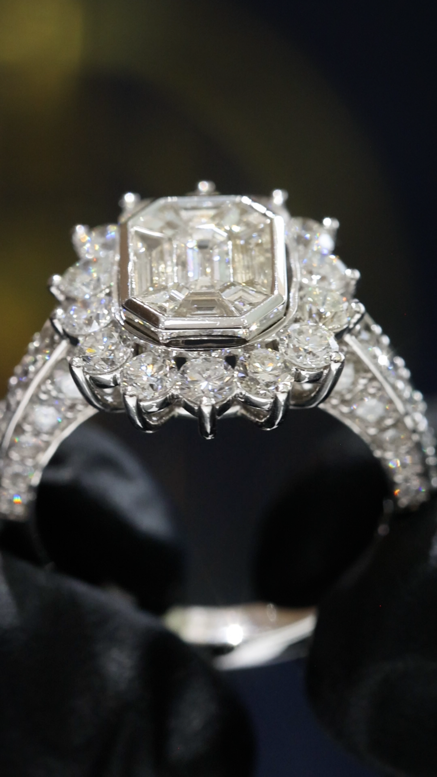 GIA Certified Natural Emerald Cut Diamond Halo Engagement Ring in White Gold | Classic Pavé Halo Design