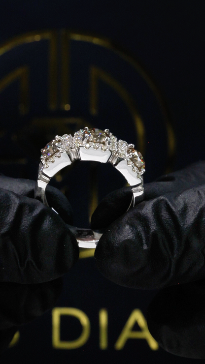 Natural Brown Diamond Three-Stone Halo Engagement Ring in White Gold | Vintage-Inspired Luxury Design