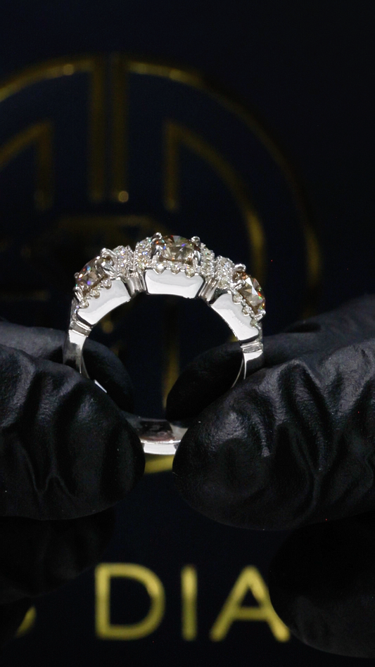 Natural Brown Diamond Three-Stone Halo Engagement Ring in White Gold | Vintage-Inspired Luxury Design