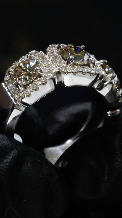 Natural Brown Diamond Three-Stone Halo Engagement Ring in White Gold | Vintage-Inspired Luxury Design