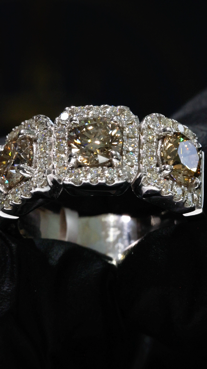 Natural Brown Diamond Three-Stone Halo Engagement Ring in White Gold | Vintage-Inspired Luxury Design