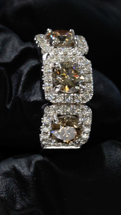Natural Brown Diamond Three-Stone Halo Engagement Ring in White Gold | Vintage-Inspired Luxury Design