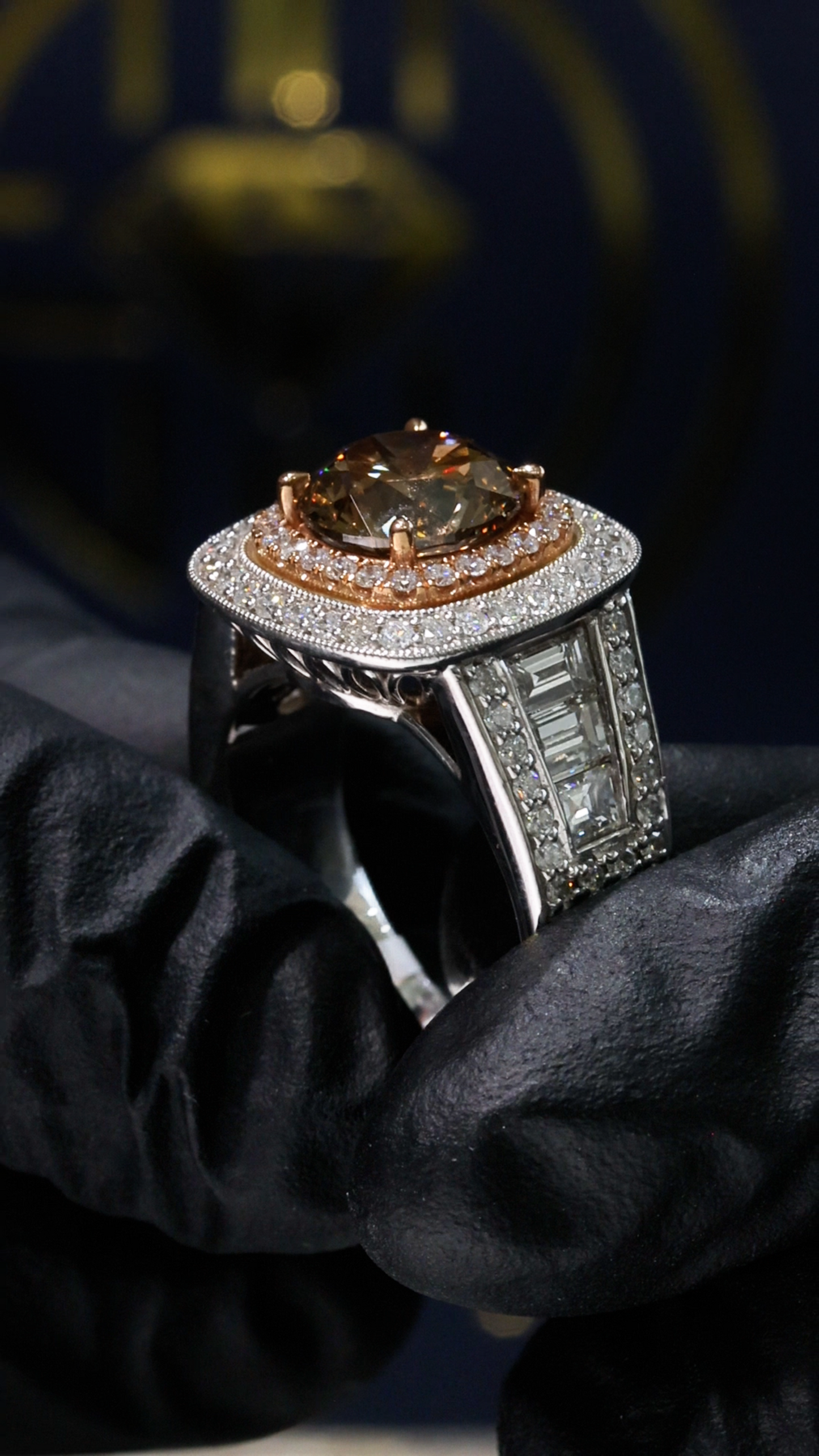 GIA Certified Natural Cognac Diamond Halo Engagement Ring with Two-Tone Pavé Band in White & Rose Gold | Luxury Vintage-Inspired Design