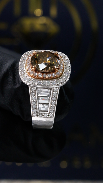GIA Certified Natural Cognac Diamond Halo Engagement Ring with Two-Tone Pavé Band in White & Rose Gold | Luxury Vintage-Inspired Design