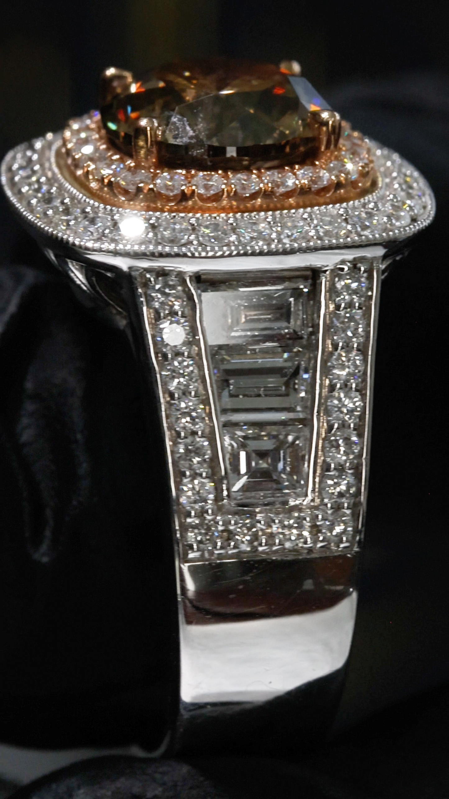 GIA Certified Natural Cognac Diamond Halo Engagement Ring with Two-Tone Pavé Band in White & Rose Gold | Luxury Vintage-Inspired Design