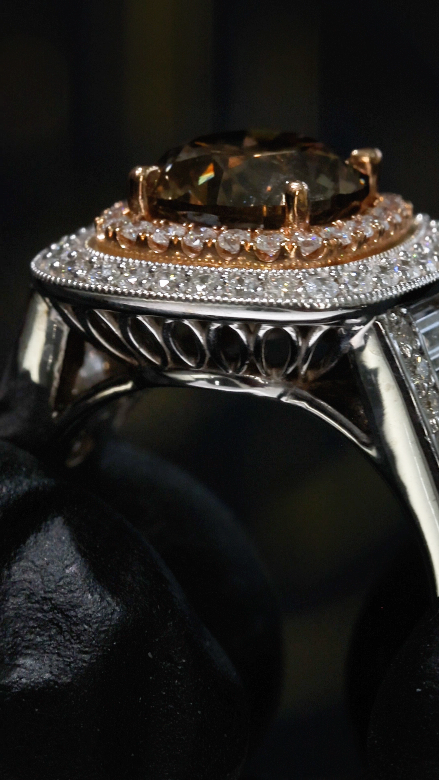 GIA Certified Natural Cognac Diamond Halo Engagement Ring with Two-Tone Pavé Band in White & Rose Gold | Luxury Vintage-Inspired Design