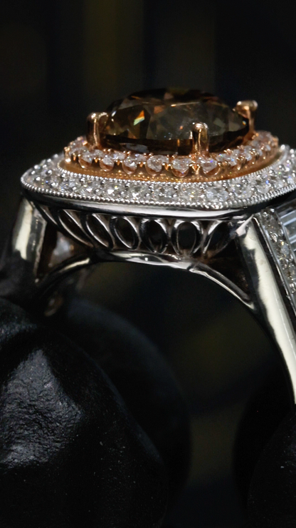 GIA Certified Natural Cognac Diamond Halo Engagement Ring with Two-Tone Pavé Band in White & Rose Gold | Luxury Vintage-Inspired Design