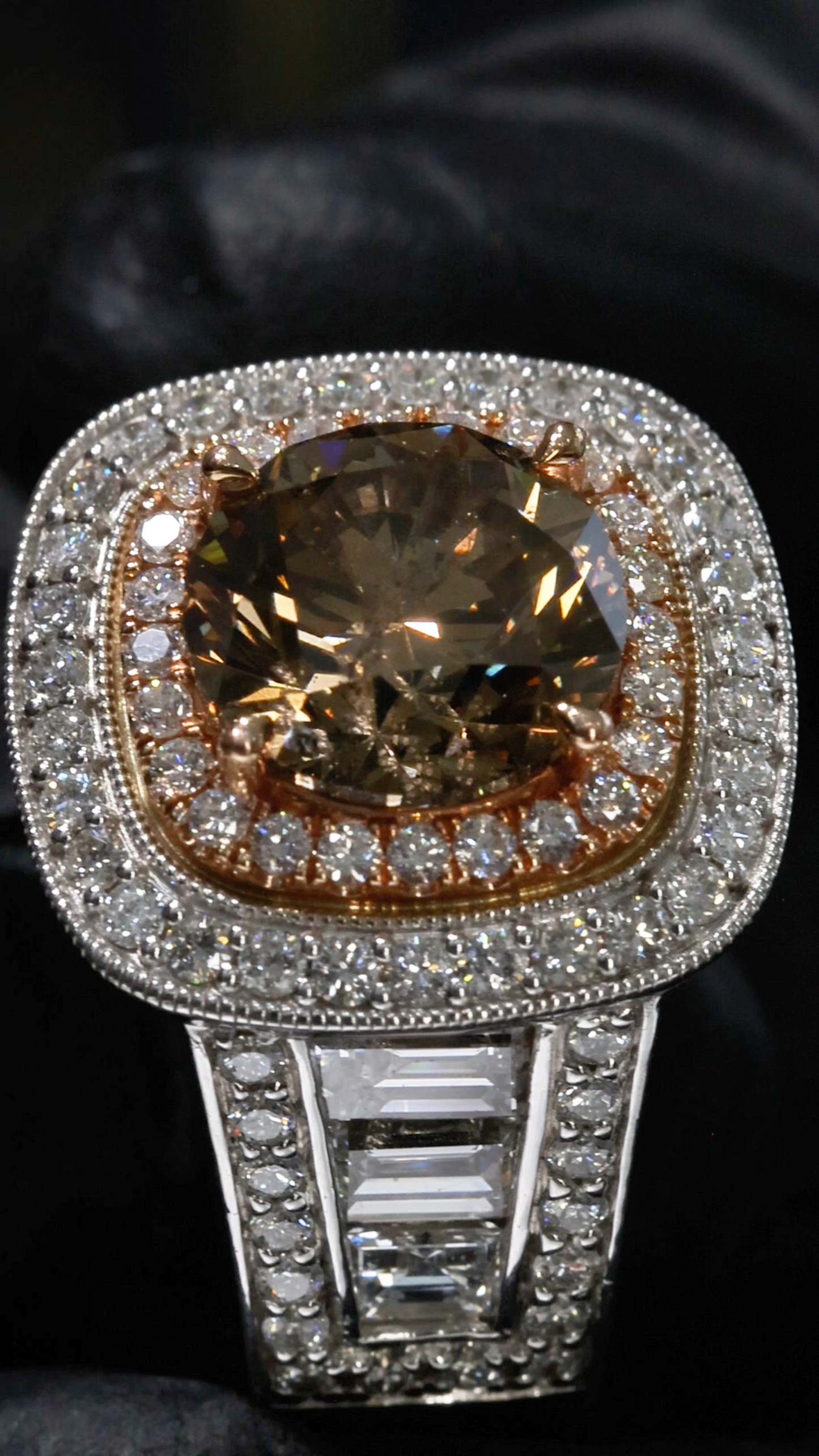 GIA Certified Natural Cognac Diamond Halo Engagement Ring with Two-Tone Pavé Band in White & Rose Gold | Luxury Vintage-Inspired Design