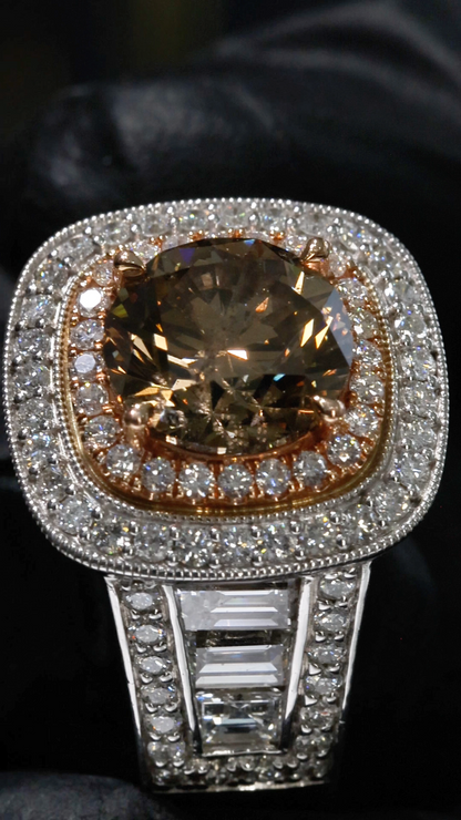 GIA Certified Natural Cognac Diamond Halo Engagement Ring with Two-Tone Pavé Band in White & Rose Gold | Luxury Vintage-Inspired Design