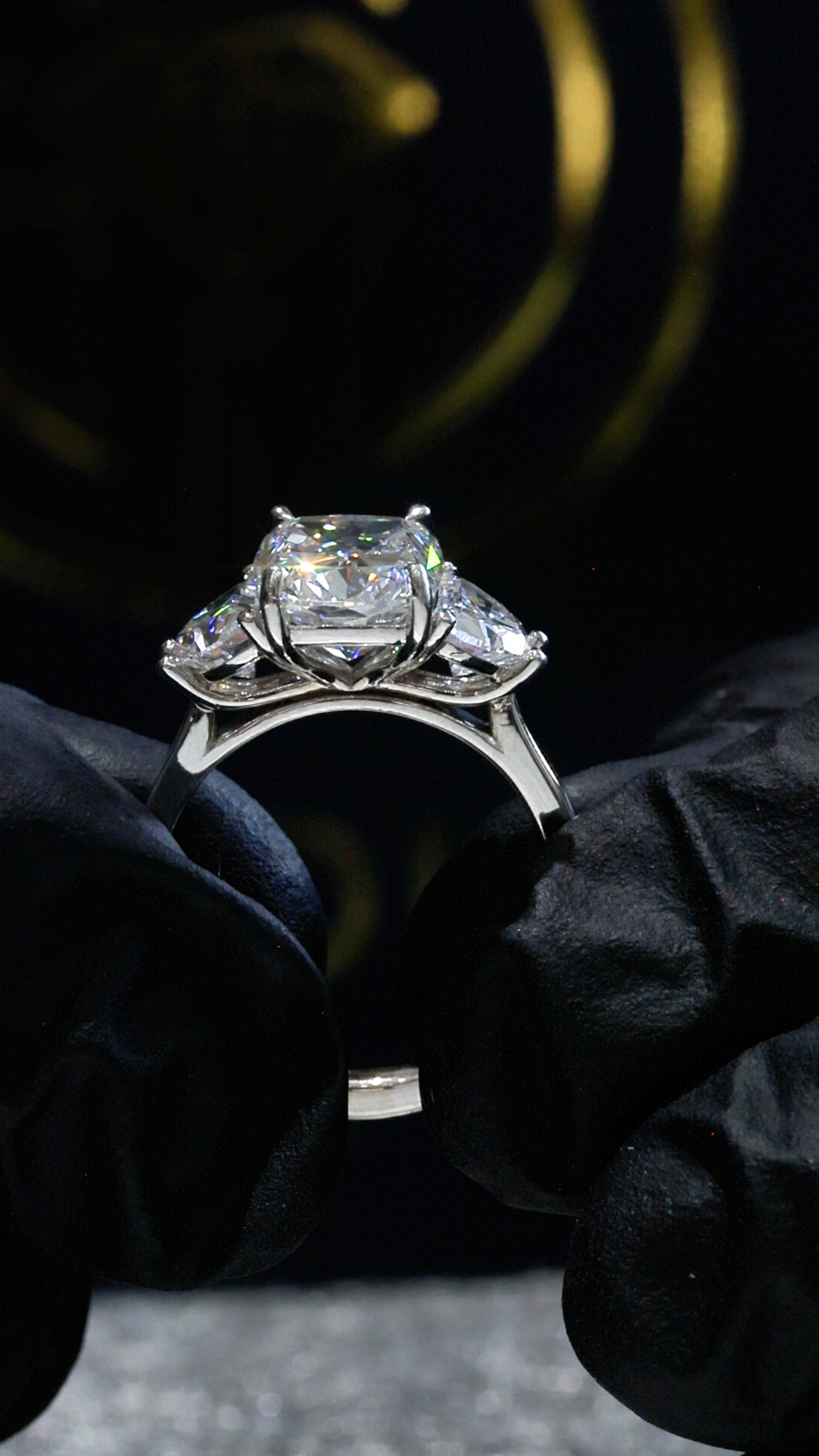 Cushion-Cut Lab-Grown Diamond Three-Stone Ring in White Gold | Tapered Side Stone Setting