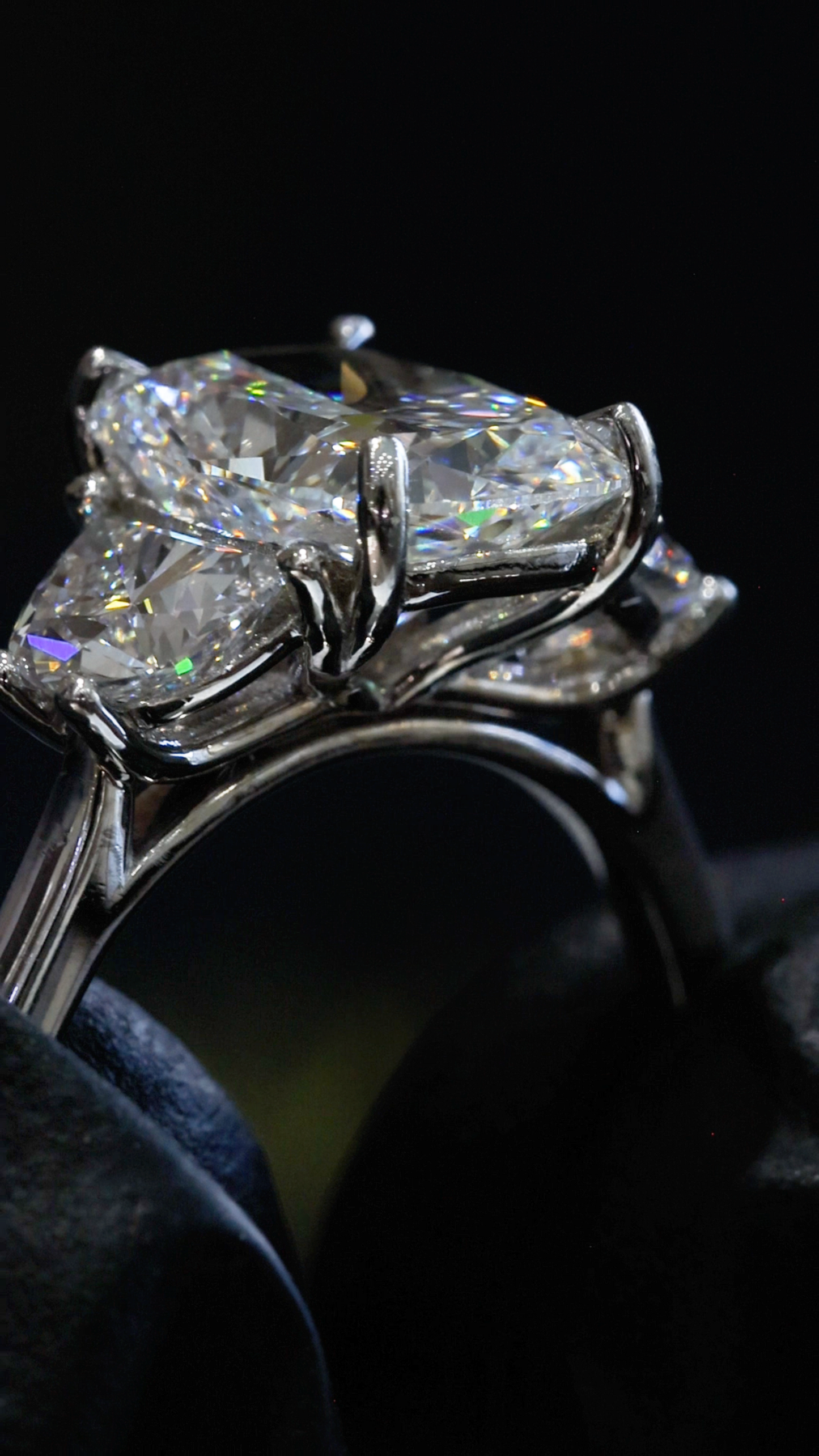 Cushion-Cut Lab-Grown Diamond Three-Stone Ring in White Gold | Tapered Side Stone Setting