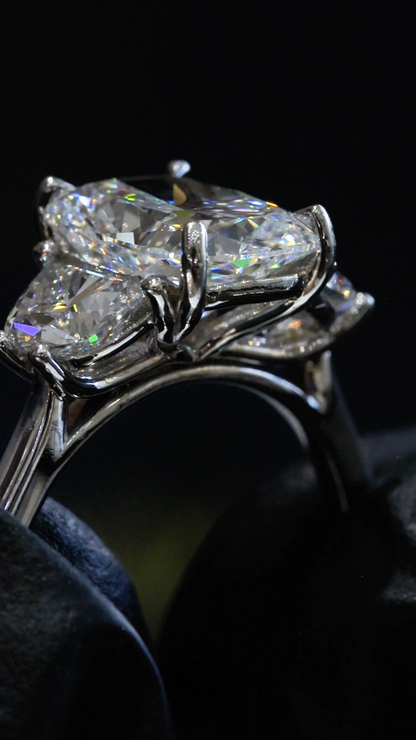 Cushion-Cut Lab-Grown Diamond Three-Stone Ring in White Gold | Tapered Side Stone Setting