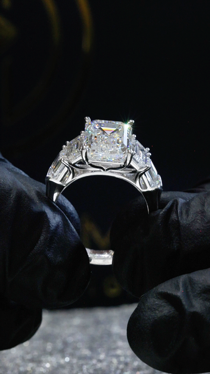 Emerald-Cut Lab-Grown Diamond Three-Stone Ring in White Gold | Emerald Side Stones