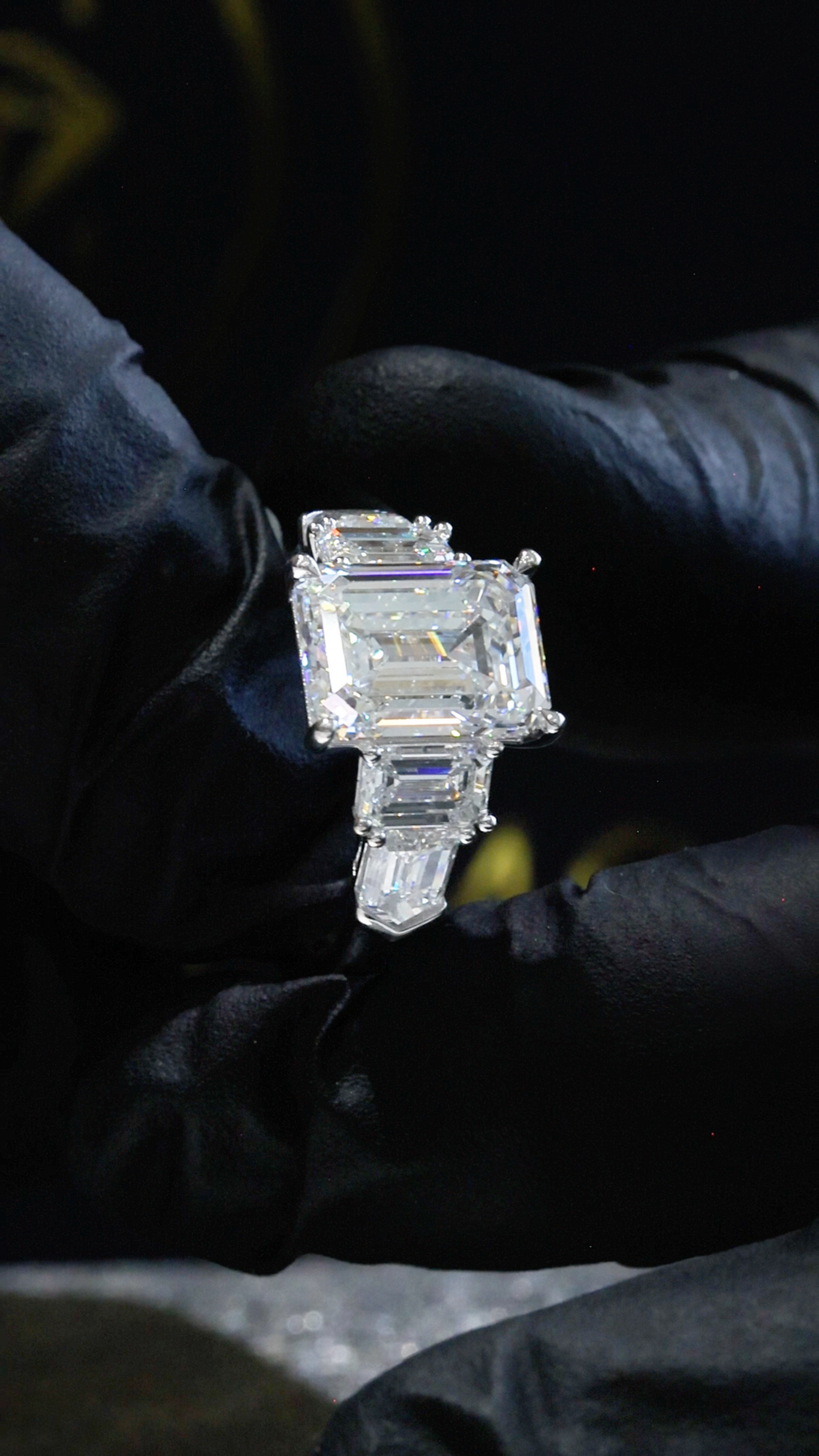 Emerald-Cut Lab-Grown Diamond Three-Stone Ring in White Gold | Emerald Side Stones