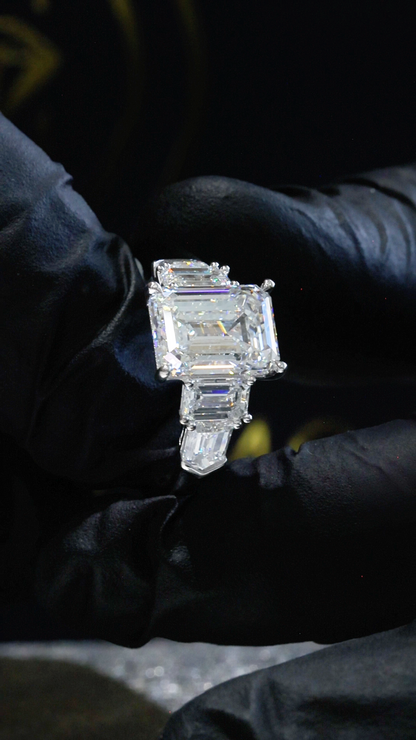 Emerald-Cut Lab-Grown Diamond Three-Stone Ring in White Gold | Emerald Side Stones