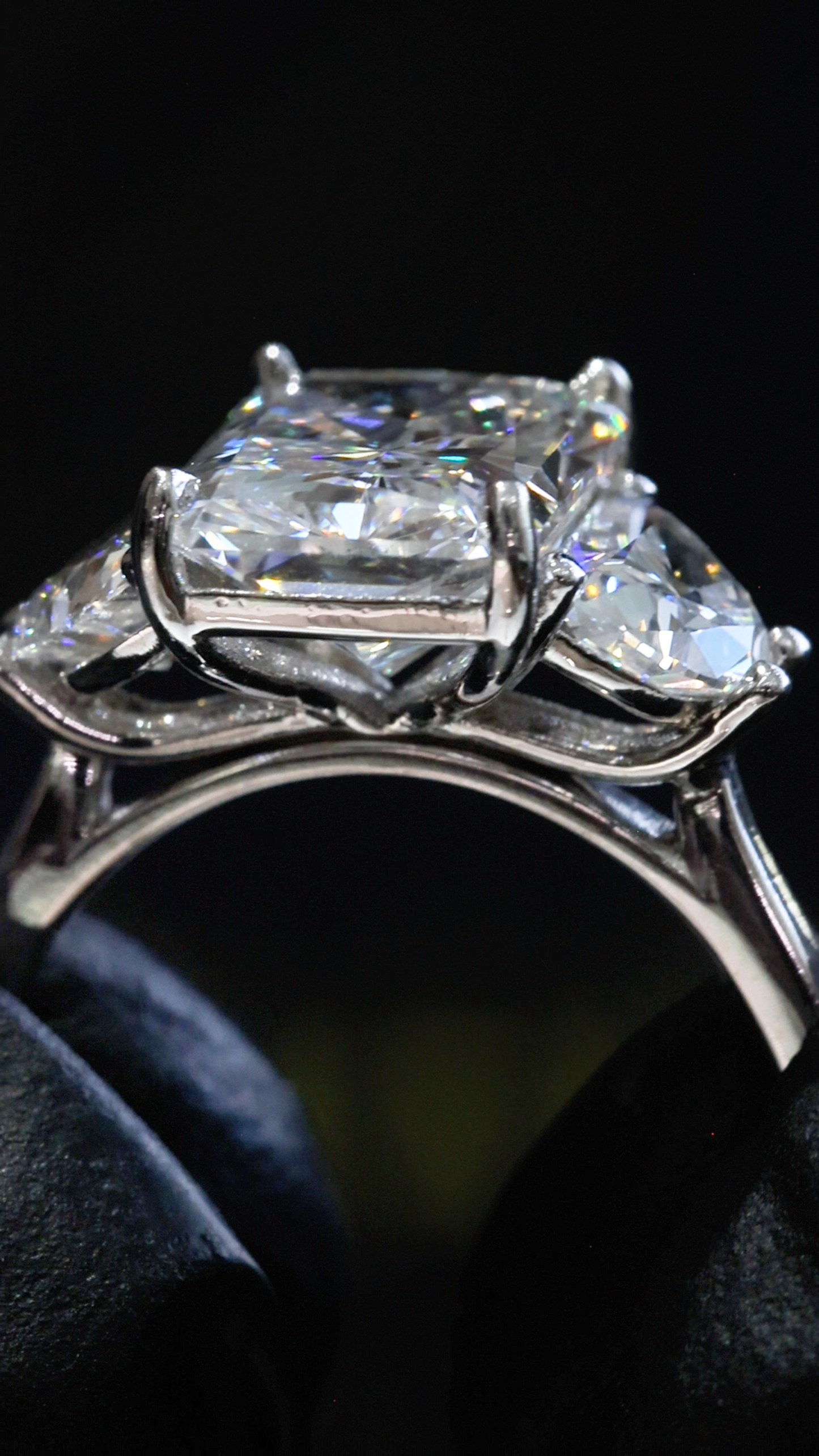 Emerald-Cut Lab-Grown Diamond Three-Stone Ring in White Gold | Tapered Side Stone Setting