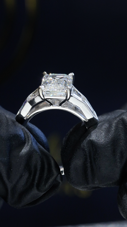 Emerald-Cut Lab-Grown Diamond Three-Stone Engagement Ring in White Gold | Architectural Luxury Design