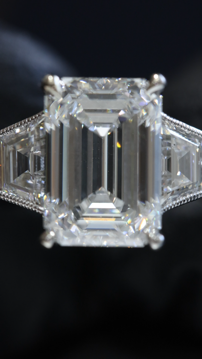 Emerald-Cut Lab-Grown Diamond Three-Stone Engagement Ring in White Gold | Architectural Luxury Design