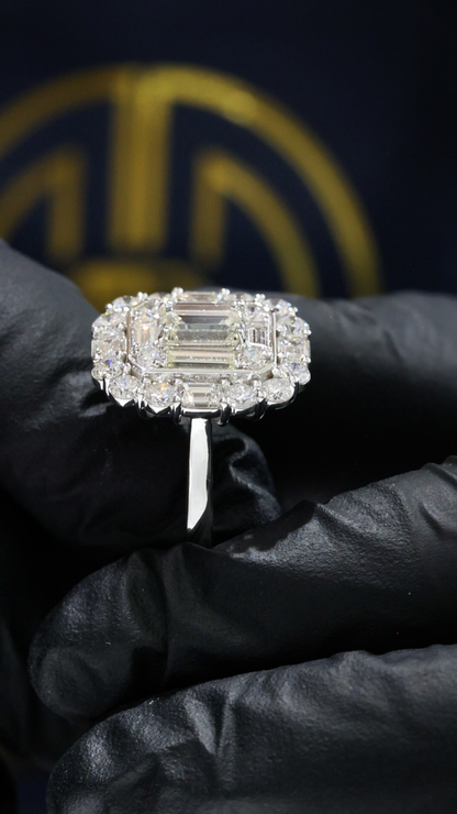 GIA Certified Natural Emerald-Cut Diamond Double Halo Engagement Ring in White Gold | Luxury Step-Cut Design