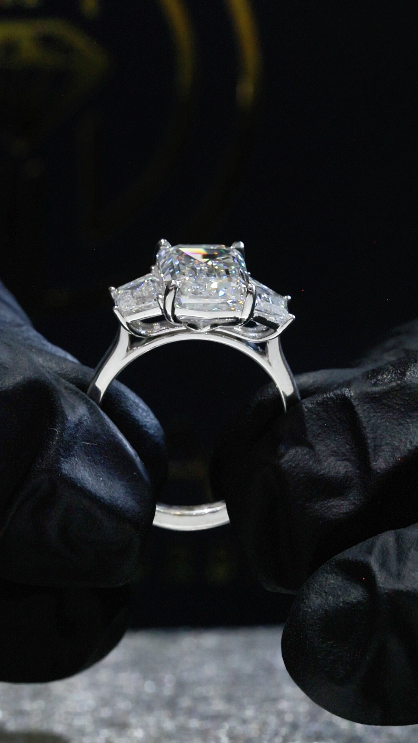 Emerald-Cut Lab-Grown Diamond Three-Stone Ring in White Gold | Baguette Accent Setting