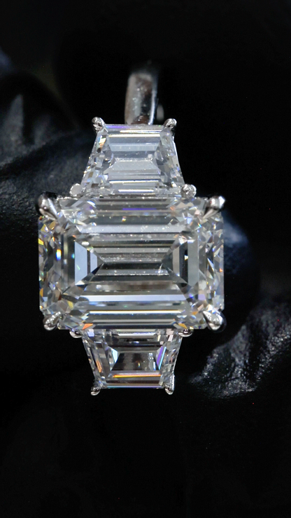 Emerald-Cut Lab-Grown Diamond Three-Stone Ring in White Gold | Baguette Accent Setting