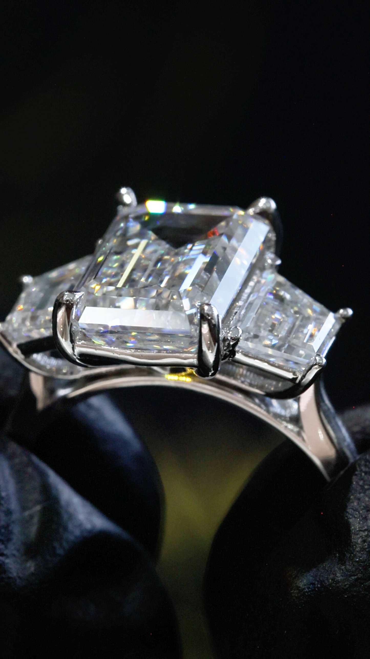 Emerald-Cut Lab-Grown Diamond Three-Stone Ring in White Gold | Baguette Accent Setting
