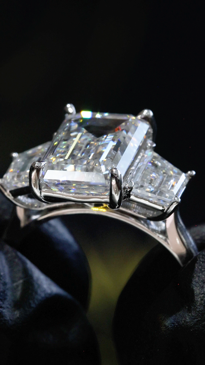 Emerald-Cut Lab-Grown Diamond Three-Stone Ring in White Gold | Baguette Accent Setting