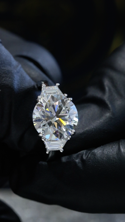 Round-Cut Lab-Grown Diamond Three-Stone Ring in White Gold | Baguette Accent Setting
