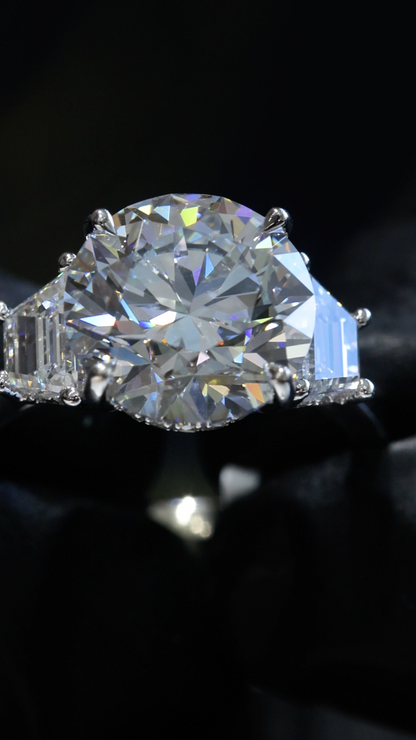 Round-Cut Lab-Grown Diamond Three-Stone Ring in White Gold | Baguette Accent Setting