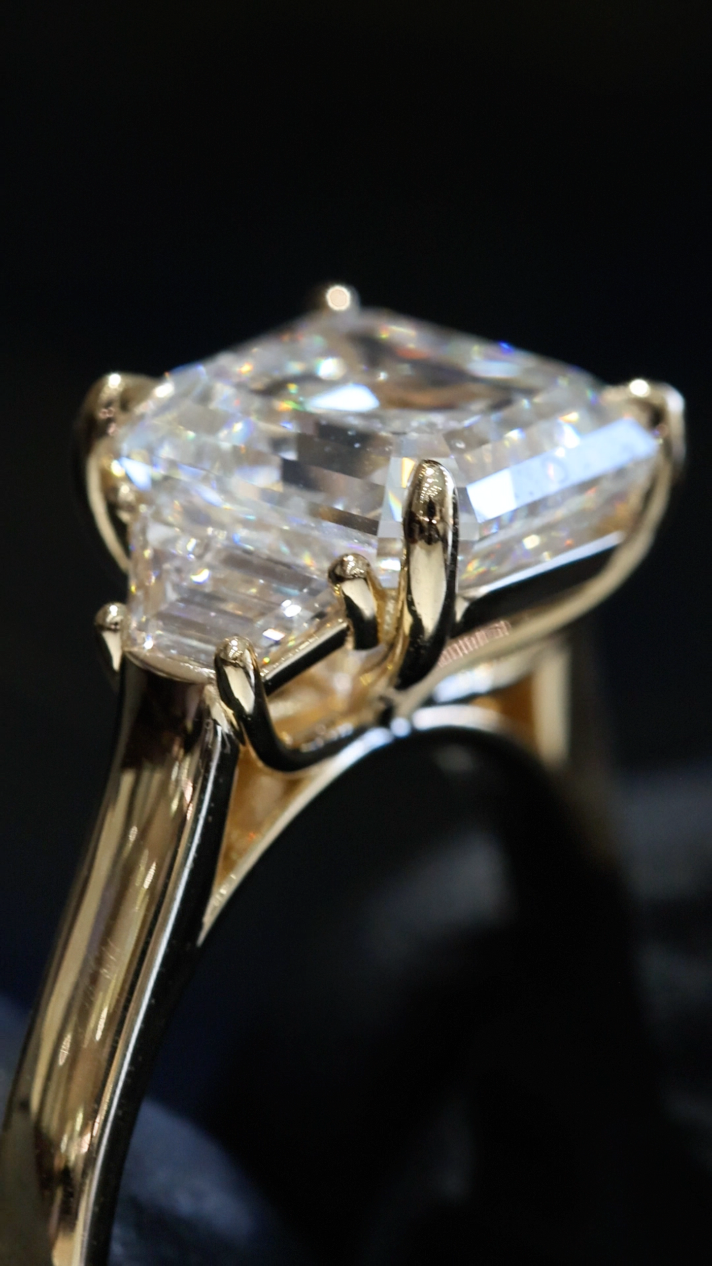 Emerald-Cut Lab-Grown Diamond Three-Stone Ring in Yellow Gold | Trapezoid Accent Setting
