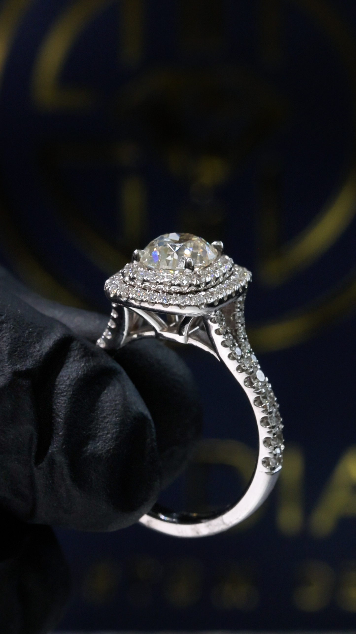 GIA Certified Natural Round Diamond Engagement Ring with Double Halo Pavé Band in 18K White Gold | Classic Luxury Design