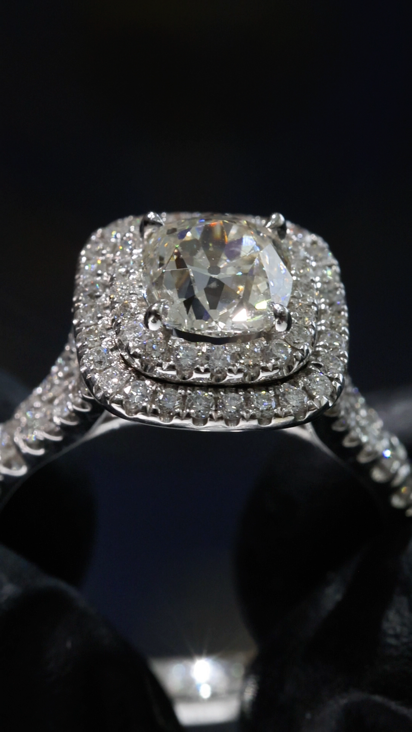 GIA Certified Natural Round Diamond Engagement Ring with Double Halo Pavé Band in 18K White Gold | Classic Luxury Design