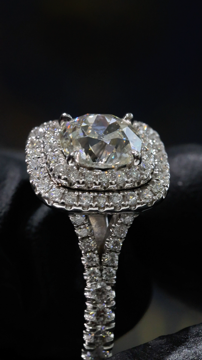 GIA Certified Natural Round Diamond Engagement Ring with Double Halo Pavé Band in 18K White Gold | Classic Luxury Design