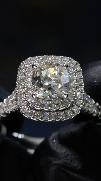 GIA Certified Natural Round Diamond Engagement Ring with Double Halo Pavé Band in 18K White Gold | Classic Luxury Design