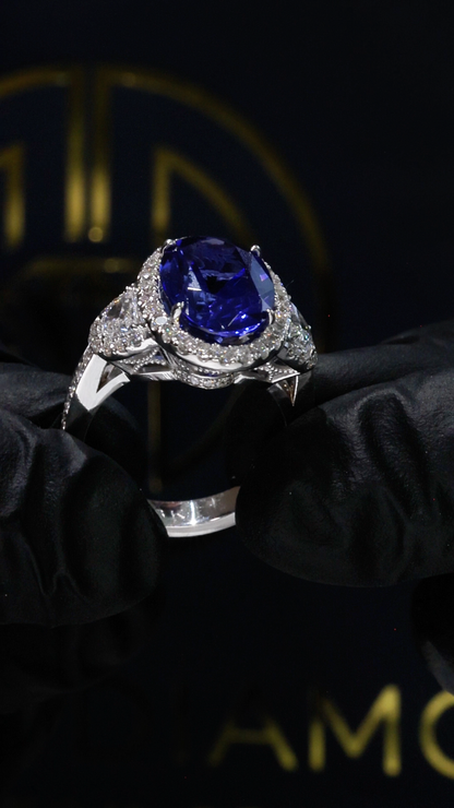 Natural Tanzanite Halo Engagement Ring in 18K White Gold | Luxury Statement Design