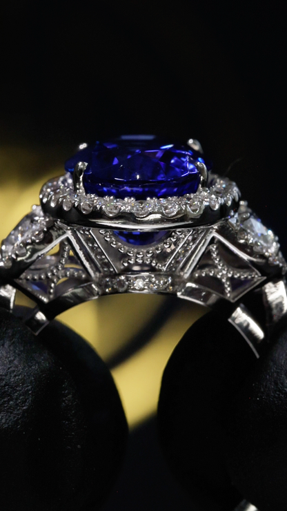 Natural Tanzanite Halo Engagement Ring in 18K White Gold | Luxury Statement Design