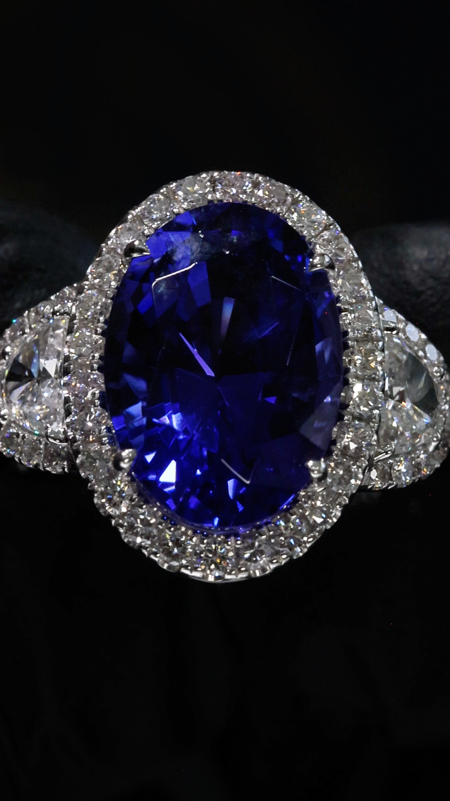 Natural Tanzanite Halo Engagement Ring in 18K White Gold | Luxury Statement Design