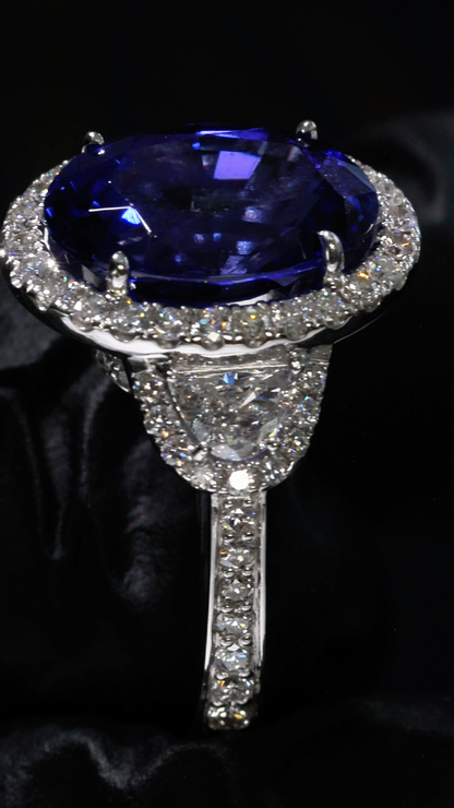 Natural Tanzanite Halo Engagement Ring in 18K White Gold | Luxury Statement Design
