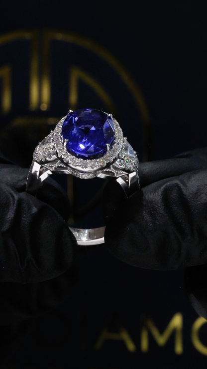Natural Tanzanite Halo Engagement Ring in 18K White Gold | Luxury Statement Design