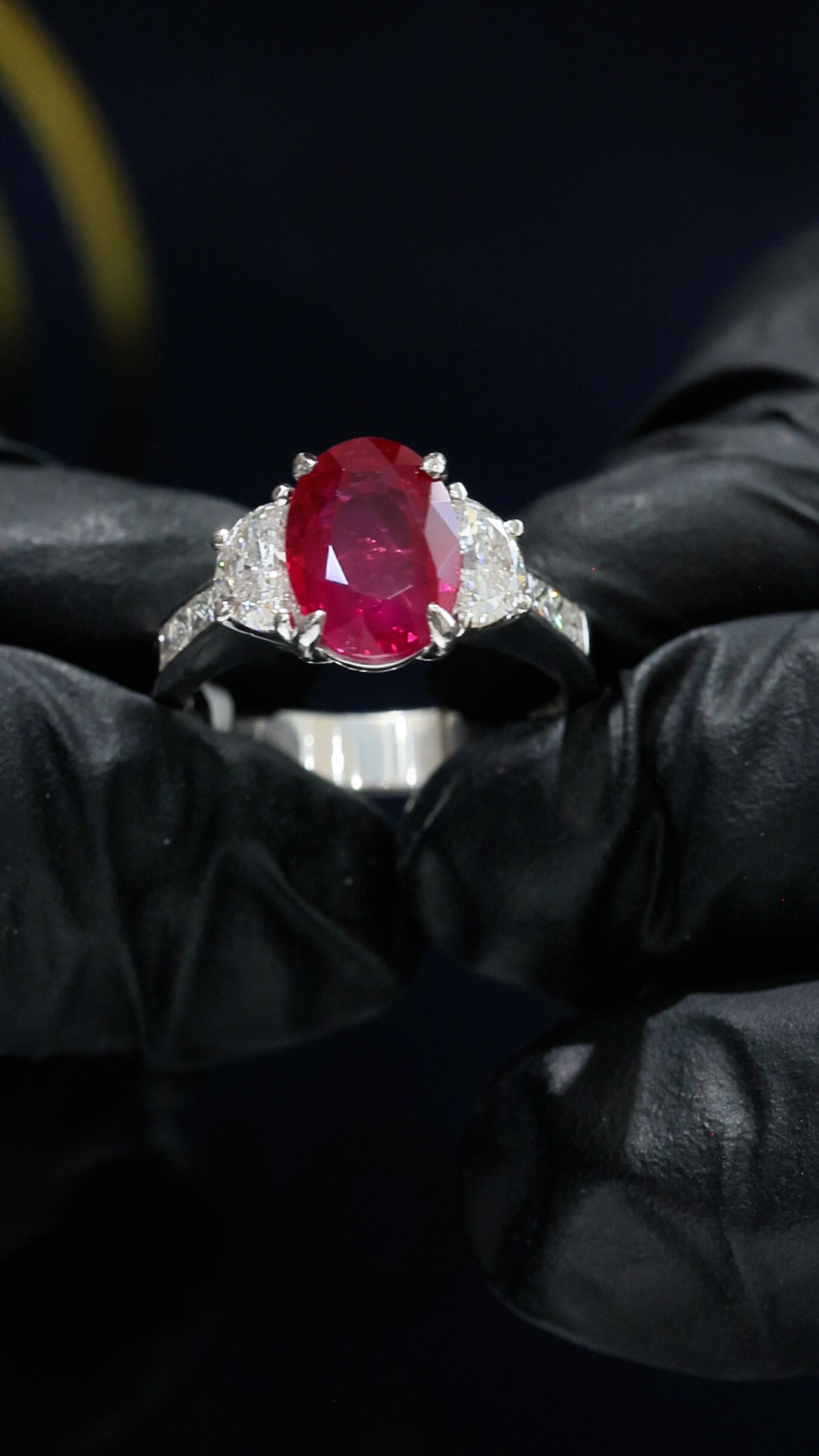 GIA Certified Natural Oval Ruby & Diamond Engagement Ring in Platinum | Classic Three-Stone Design