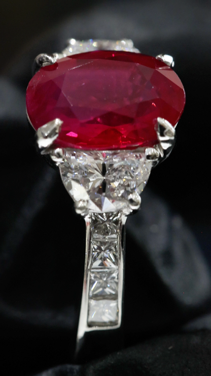 GIA Certified Natural Oval Ruby & Diamond Engagement Ring in Platinum | Classic Three-Stone Design