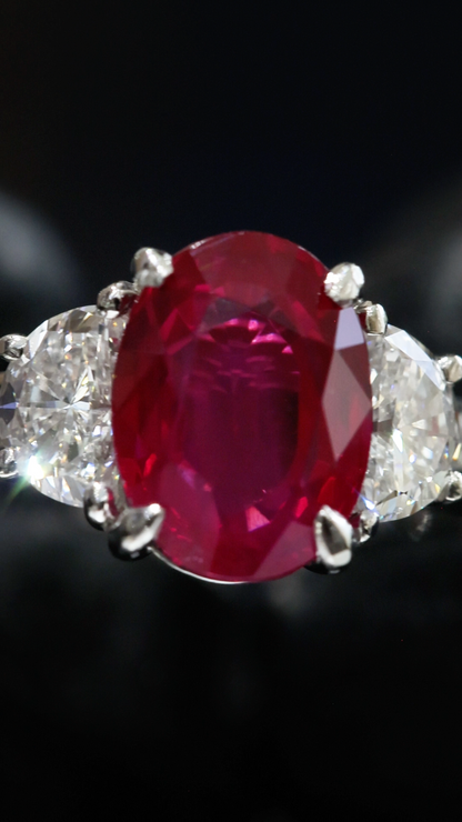 GIA Certified Natural Oval Ruby & Diamond Engagement Ring in Platinum | Classic Three-Stone Design