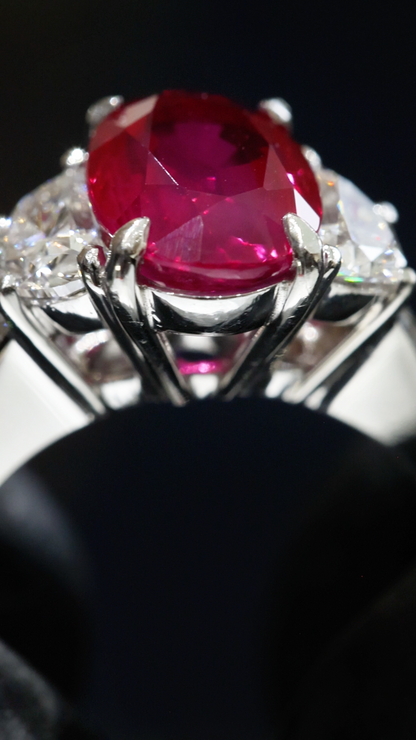 GIA Certified Natural Oval Ruby & Diamond Engagement Ring in Platinum | Classic Three-Stone Design