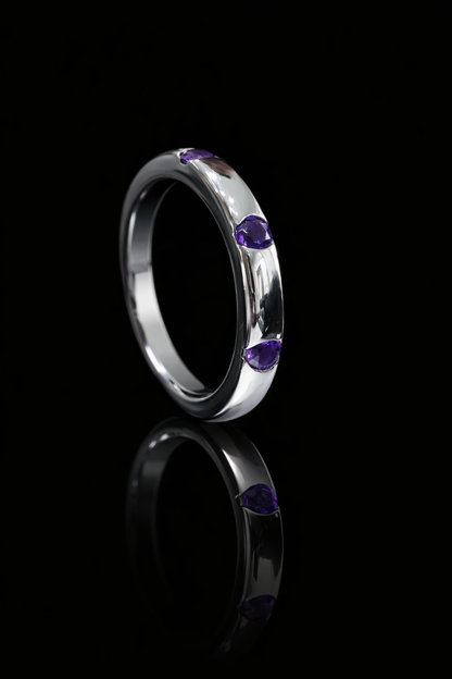 Natural Amethyst Three Stone Band Ring in 14K White Gold | Round Bezel Set