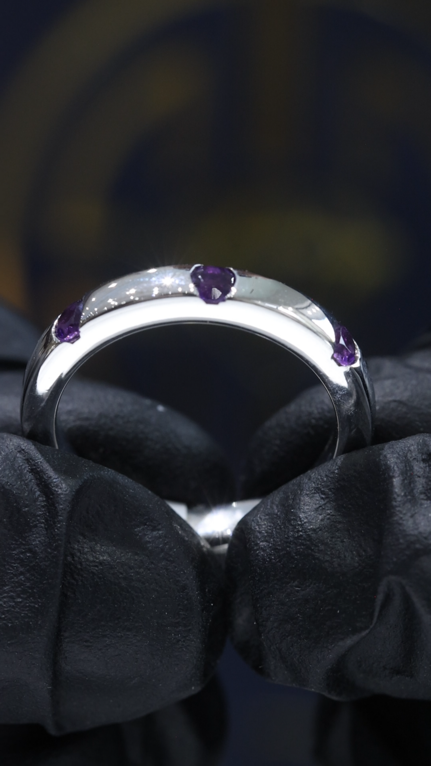 Natural Amethyst Three Stone Band Ring in 14K White Gold | Round Bezel Set