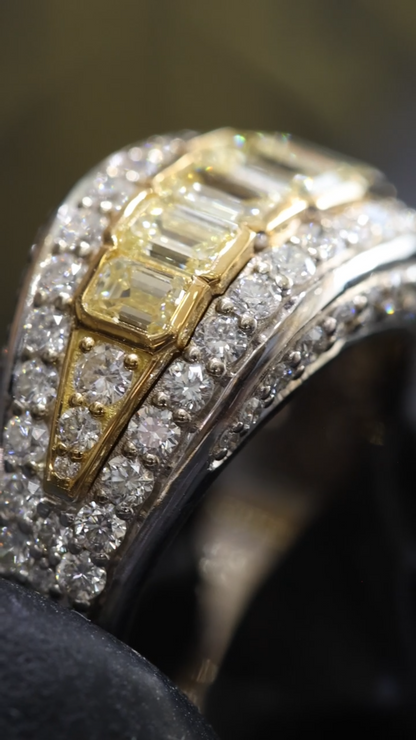 Fancy Yellow Baguette & Round Diamond Band in White & Yellow Gold | 3.53 CTW